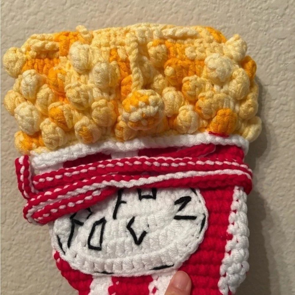 Handmade Crochet Popcorn Bag Knit Shoulder Purse‎ Red White Yellow Unique Gift